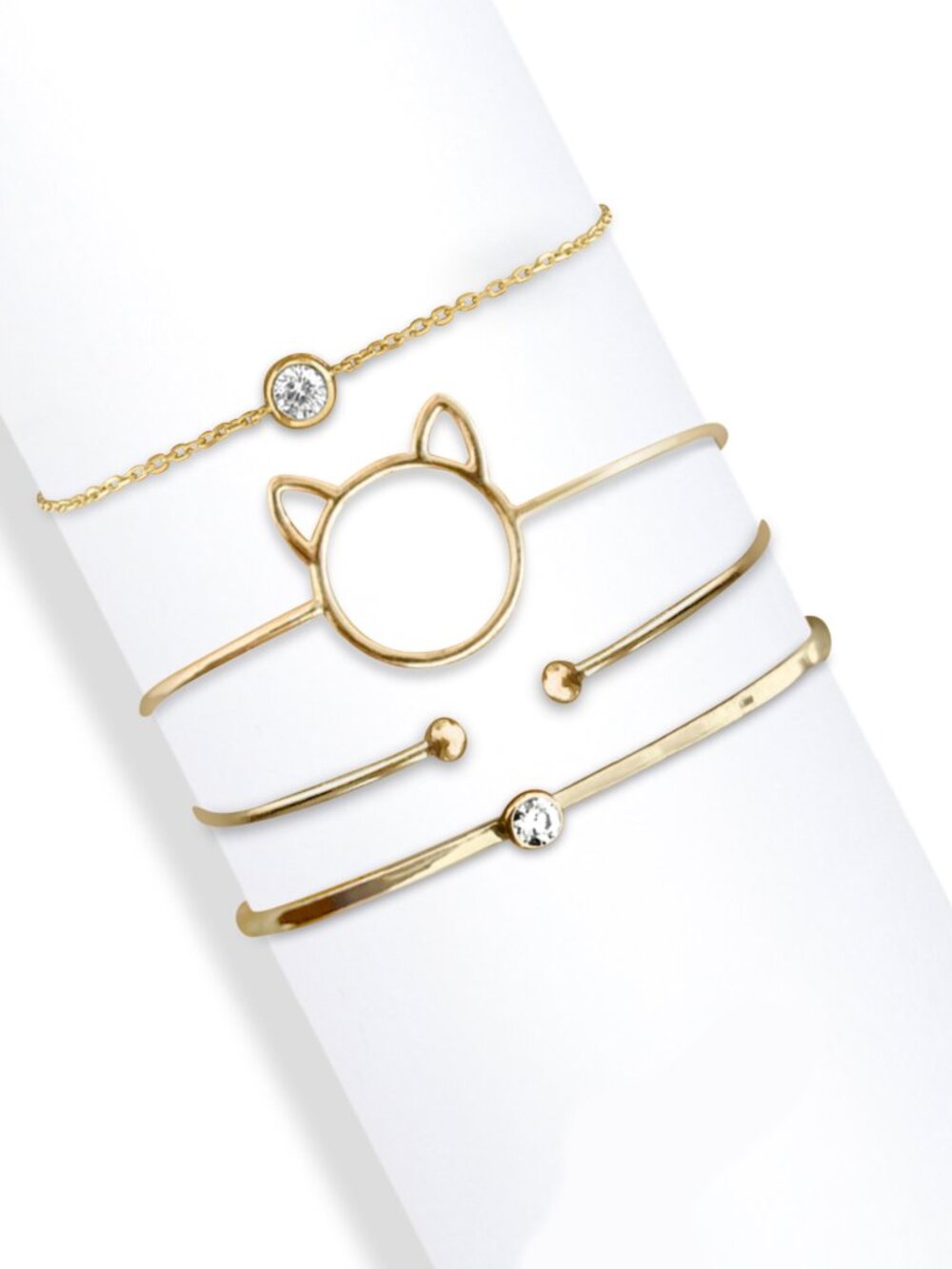 NWT Gold Cat Bracelet Set with Crystal Accents Delicate Bangle Stack